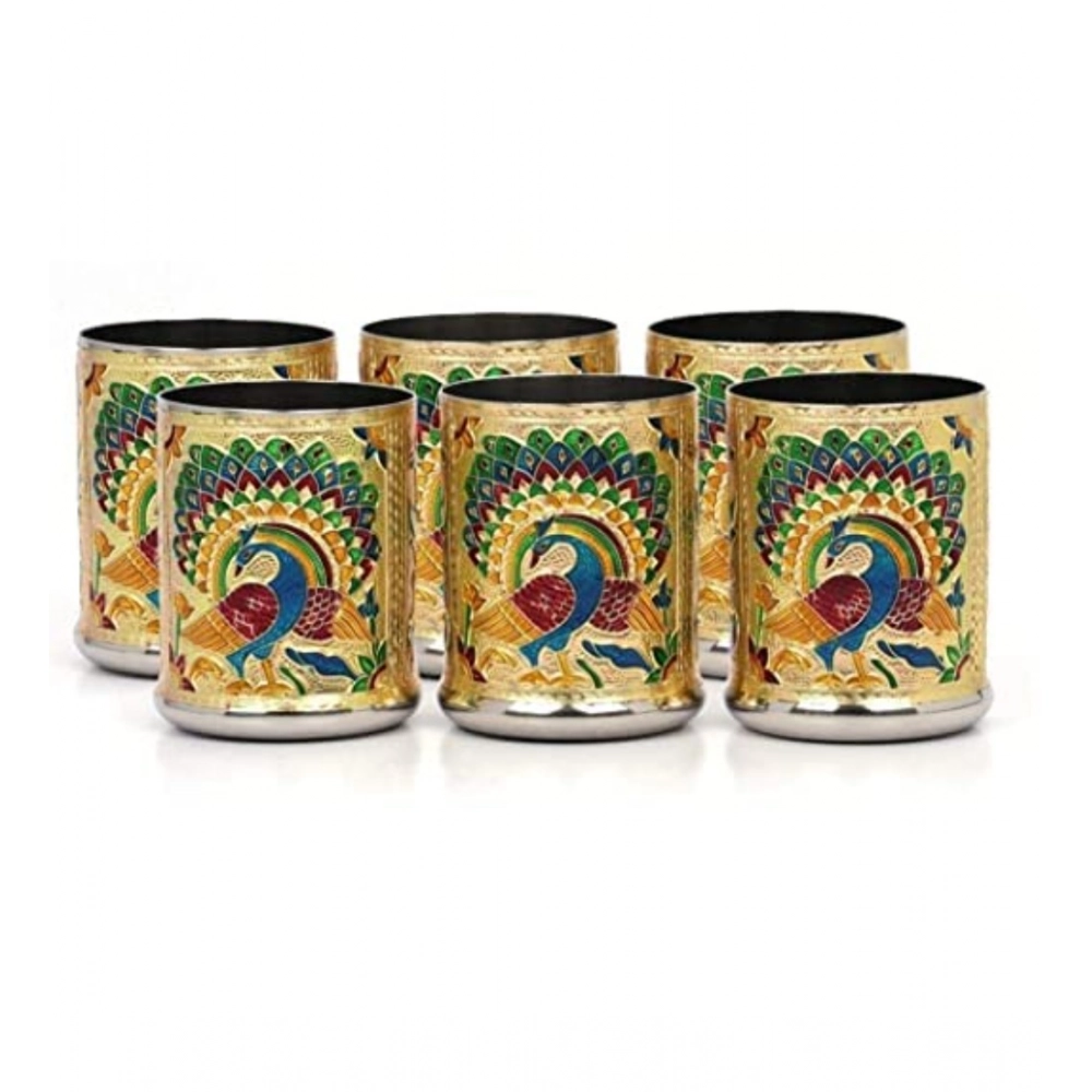 Steel Meenakari Peacock Design Decorative Glass Set (Gold) - Image 3