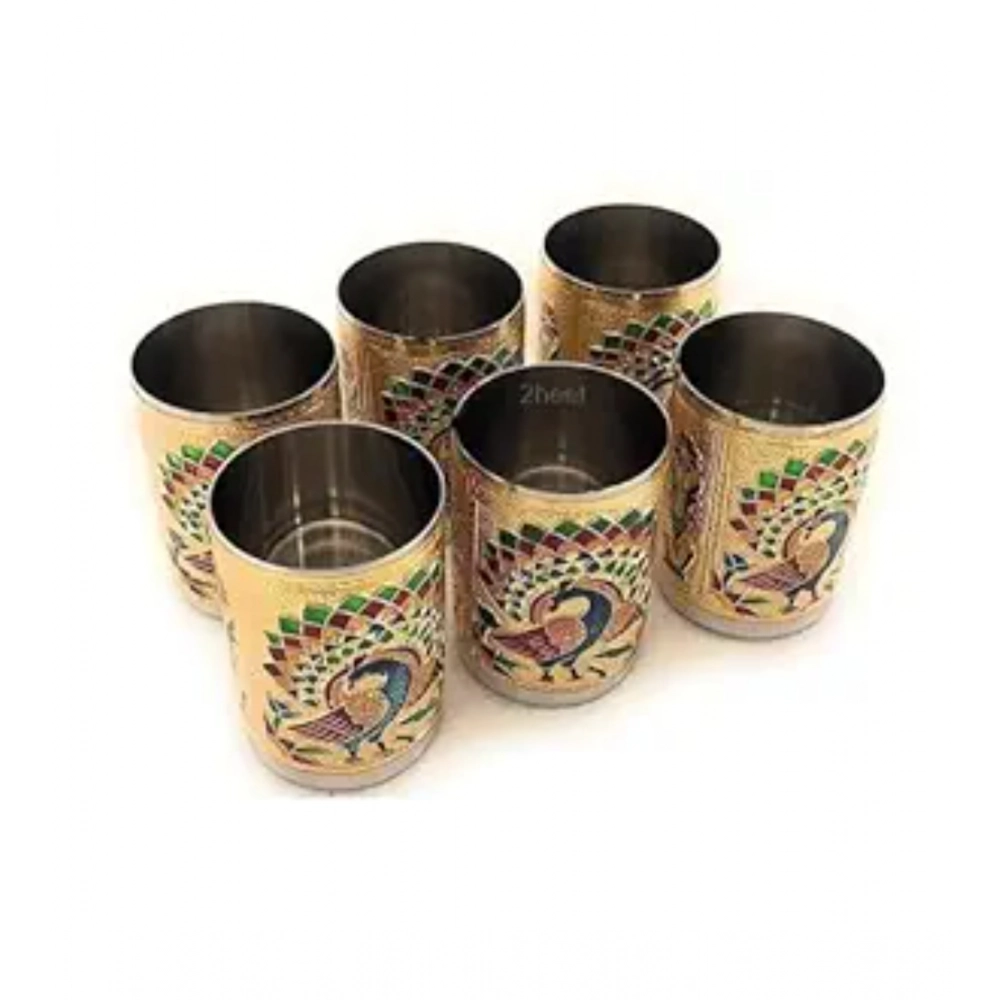 Steel Meenakari Peacock Design Decorative Glass Set (Gold) - Image 4