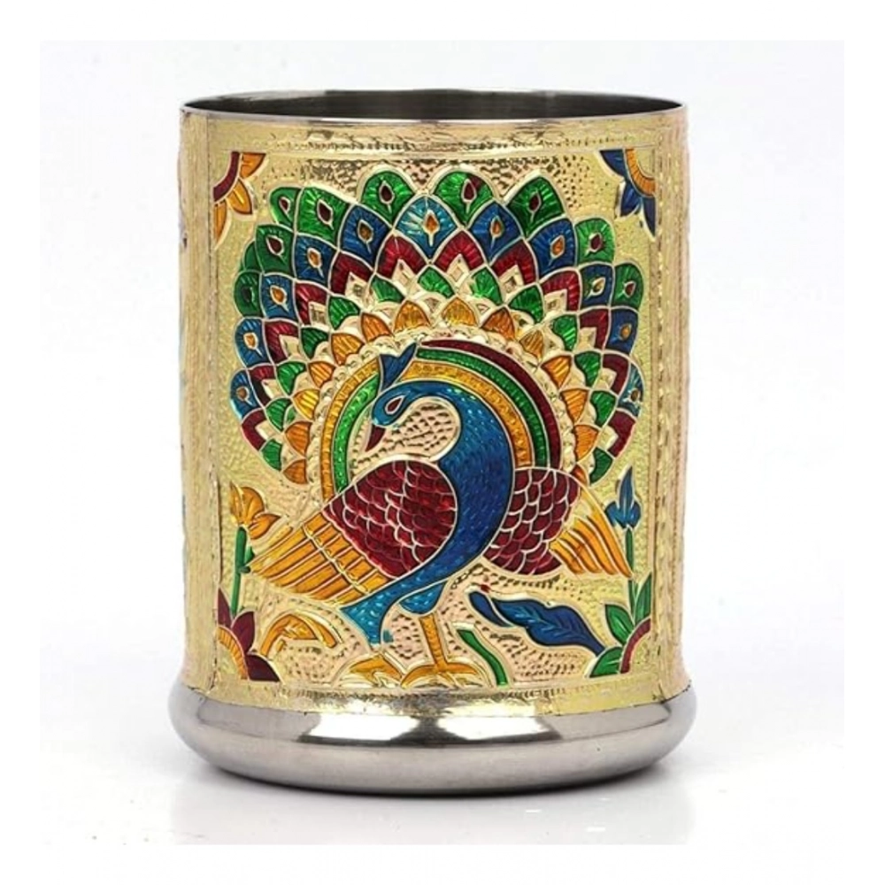 Steel Meenakari Peacock Design Decorative Glass Set (Gold)