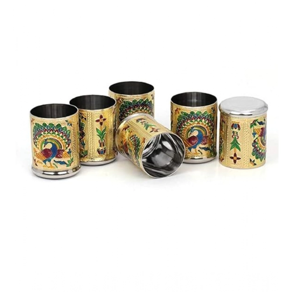Steel Meenakari Peacock Design Decorative Glass Set (Gold) - Image 2