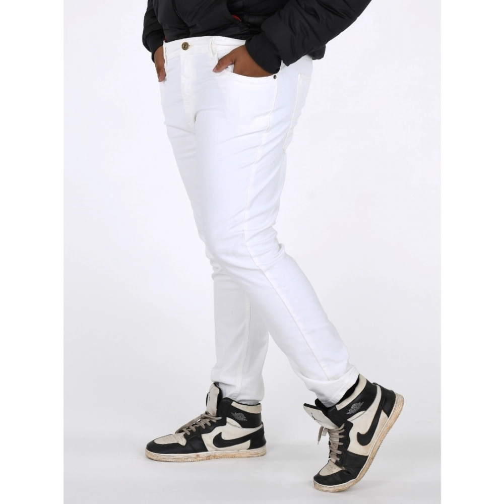 Men's Cotton Blended Solid Plus Size Jeans (White) - Image 3