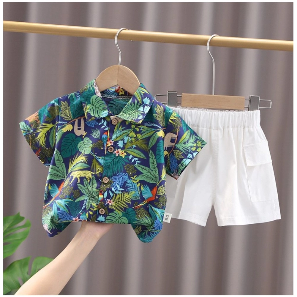 Kid's Lycra Printed Casual wear Shirt And Shorts Set (Blue) - Image 3