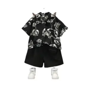 Kid's Lycra Printed Casual wear Shirt And Shorts Set (Black)