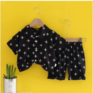 Kid's Lycra Printed Casual wear Shirt And Shorts Set (Black)