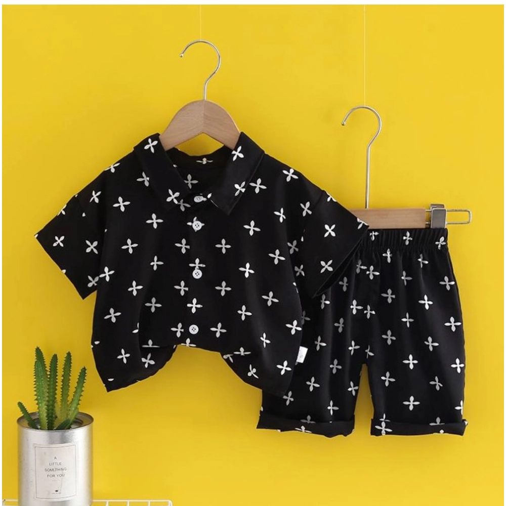 Kid's Lycra Printed Casual wear Shirt And Shorts Set (Black)