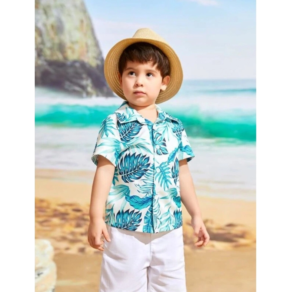 Kid's Lycra Printed Casual wear Shirt And Shorts Set (White-Blue) - Image 3