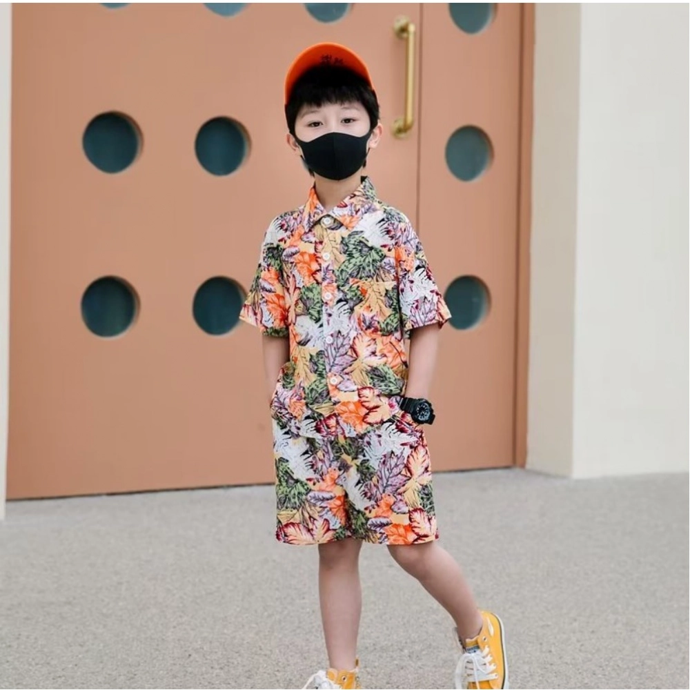 Kid's Lycra Printed Casual wear Shirt And Shorts Set (Orange) - Image 3