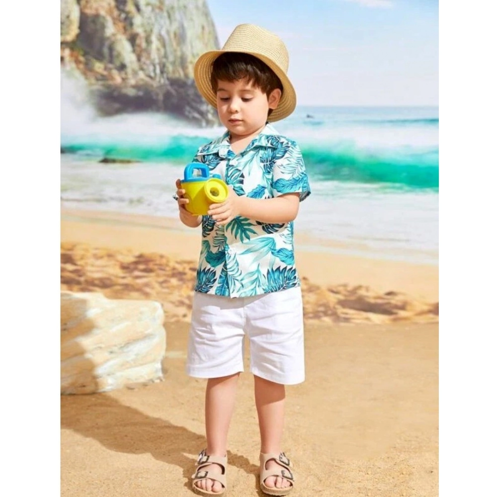 Kid's Lycra Printed Casual wear Shirt And Shorts Set (White-Blue)