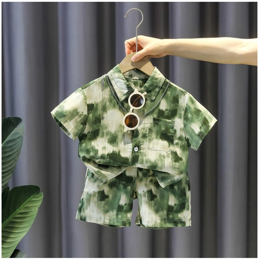 Kid's Lycra Printed Casual wear Shirt And Shorts Set (Green) - Image 3