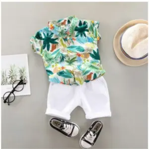 Kid's Lycra Printed Casual wear Shirt And Shorts Set (Green)