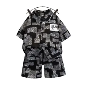 Kid's Lycra Printed Casual wear Shirt And Shorts Set (Black)