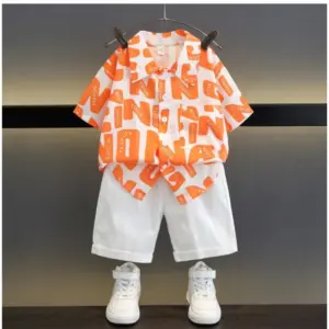 Kid's Lycra Printed Casual wear Shirt And Shorts Set (Orange)