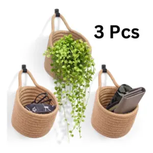 Cotton Hanging Storage Small Basket Pack of 3 Storage Basket For Clothes (Brown)