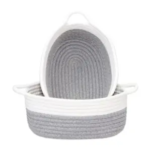 Cotton Grey White 2 Pcs Storage Basket For Clothes (Grey)