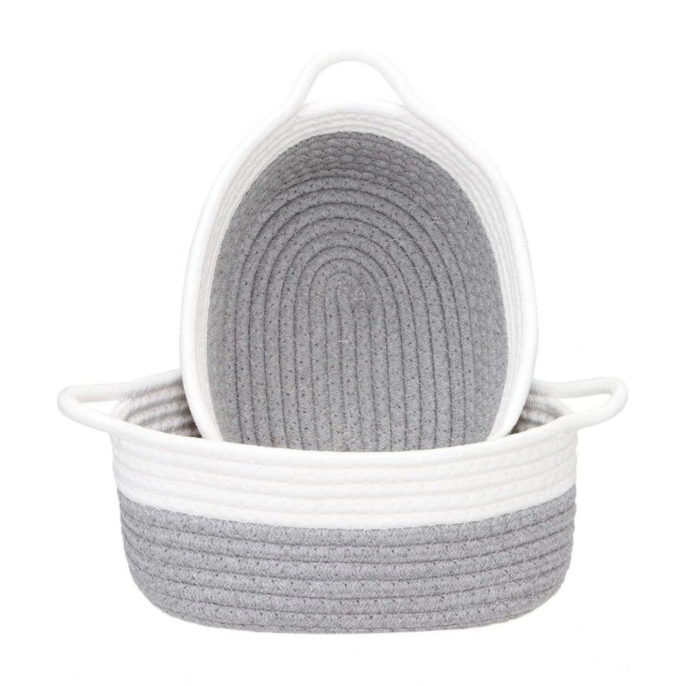 Cotton Grey White 2 Pcs Storage Basket For Clothes (Grey)