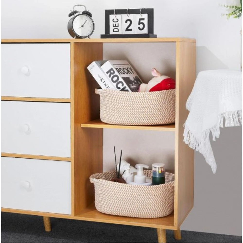 Cotton 2 Pcs Oval Basket Storage Basket For Clothes (Beige) - Image 3