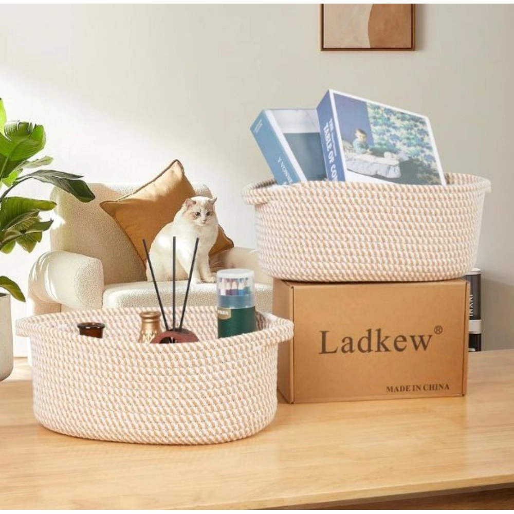 Cotton 2 Pcs Oval Basket Storage Basket For Clothes (Beige) - Image 2