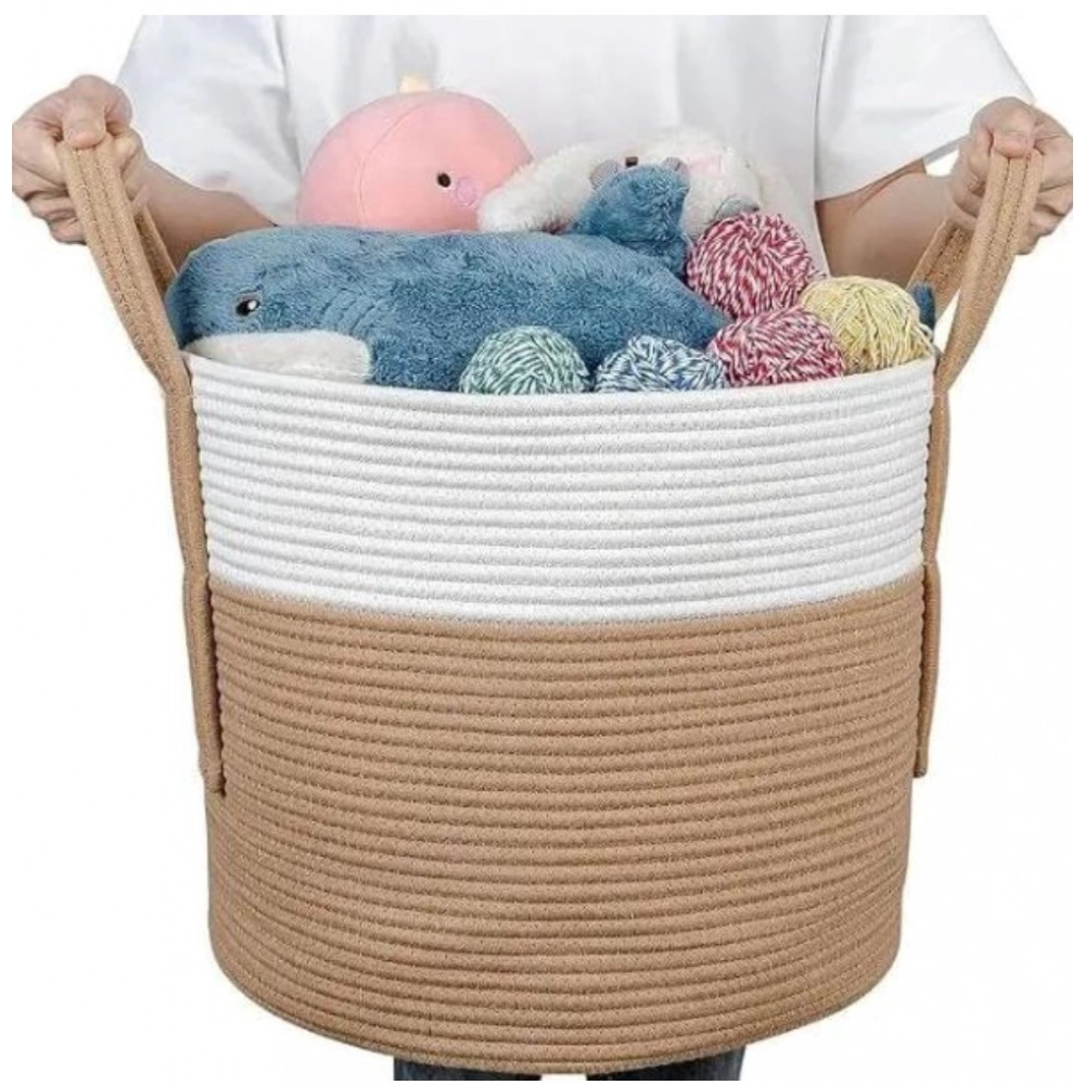 Cotton With Handle Pack of 1 Storage Basket For Clothes (White) - Image 3