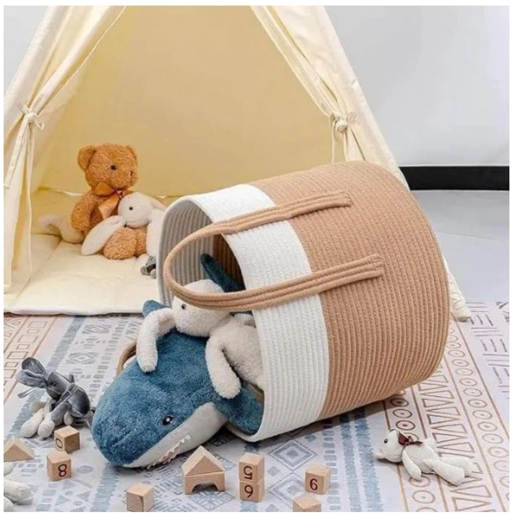 Cotton With Handle Pack of 1 Storage Basket For Clothes (White) - Image 2