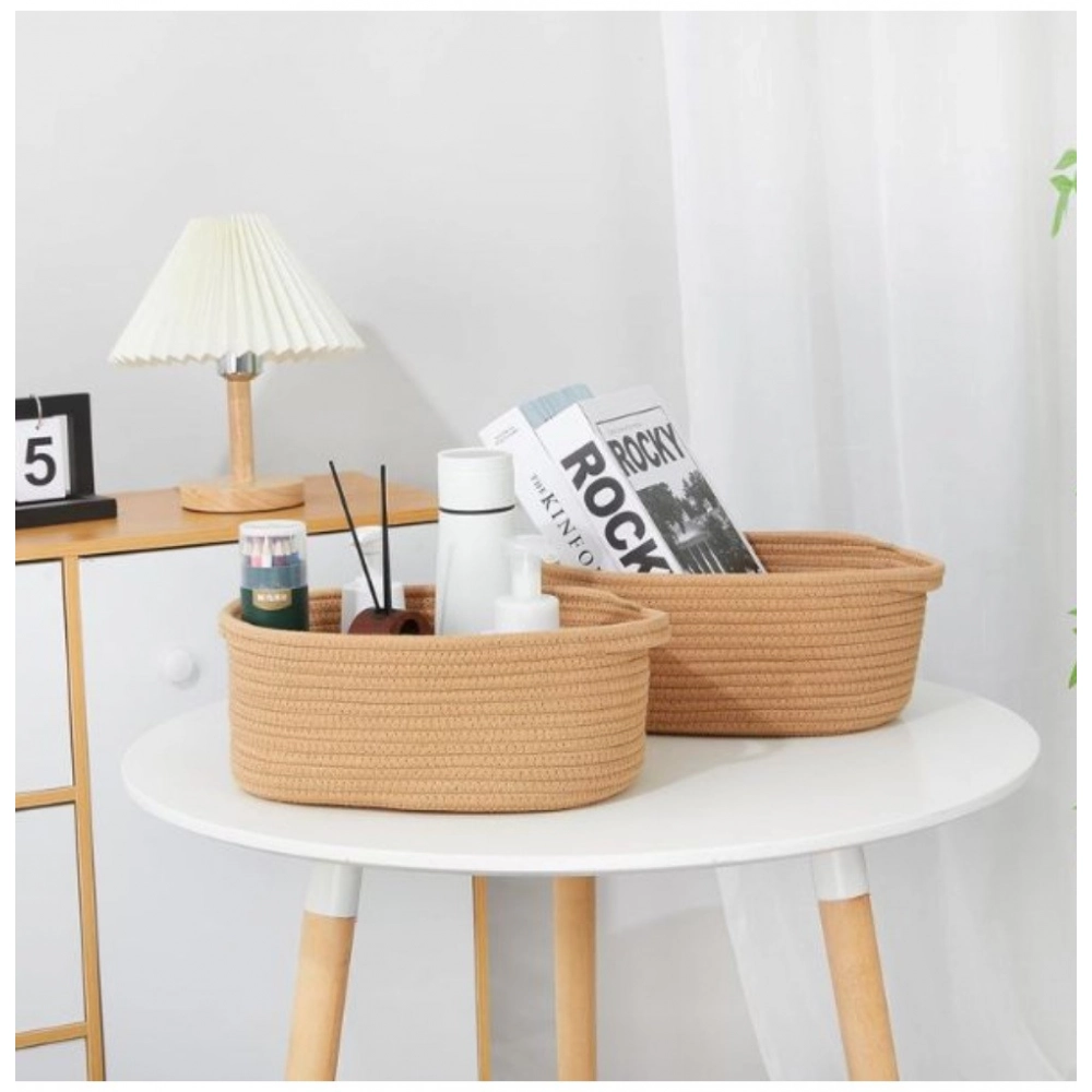Cotton 2 Pcs Oval Basket Storage Basket For Clothes (Beige) - Image 3