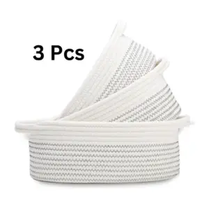Cotton Zigzag Oval Basket Pack of 3 Storage Basket For Clothes (White)