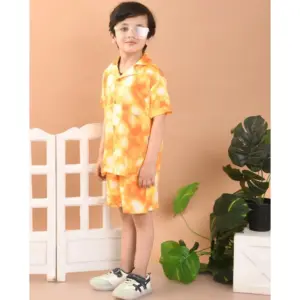 Boy's Twill Cotton Printed Short Sleeve Shirt And Shorts Set (Orange)