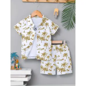 Boy's Twill Cotton Printed Short Sleeve Shirt And Shorts Set (Gold)