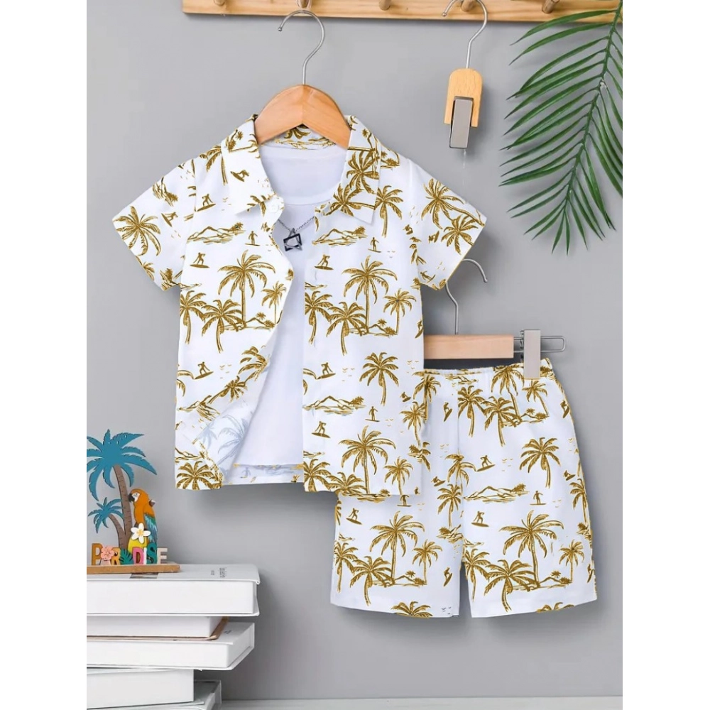 Boy's Twill Cotton Printed Short Sleeve Shirt And Shorts Set (Gold)