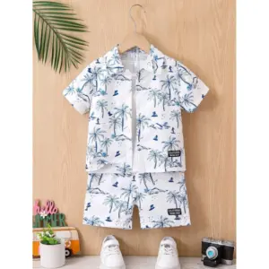 Boy's Twill Cotton Printed Short Sleeve Shirt And Shorts Set (Blue)