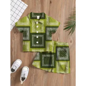 Boy's Twill Cotton Printed Short Sleeve Shirt And Shorts Set (Green)