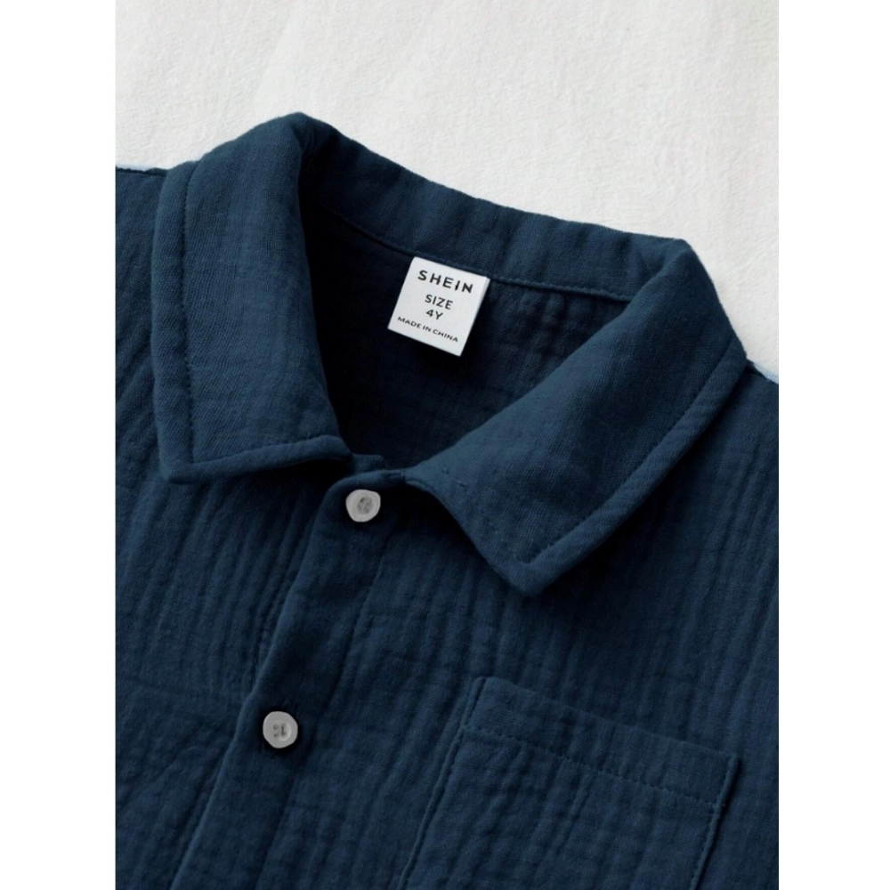 Boy's Popcorn Solid Short Sleeve Shirt And Shorts Set (Navy) - Image 4