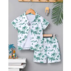 Boy's Twill Cotton Printed Short Sleeve Shirt And Shorts Set (Sky)