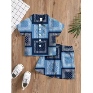 Boy's Twill Cotton Printed Short Sleeve Shirt And Shorts Set (Blue)