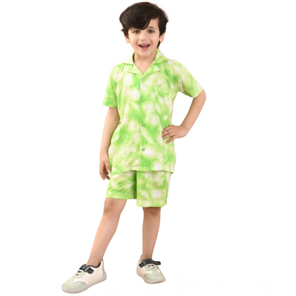 Boy's Twill Cotton Printed Short Sleeve Shirt And Shorts Set (Bottle Green)