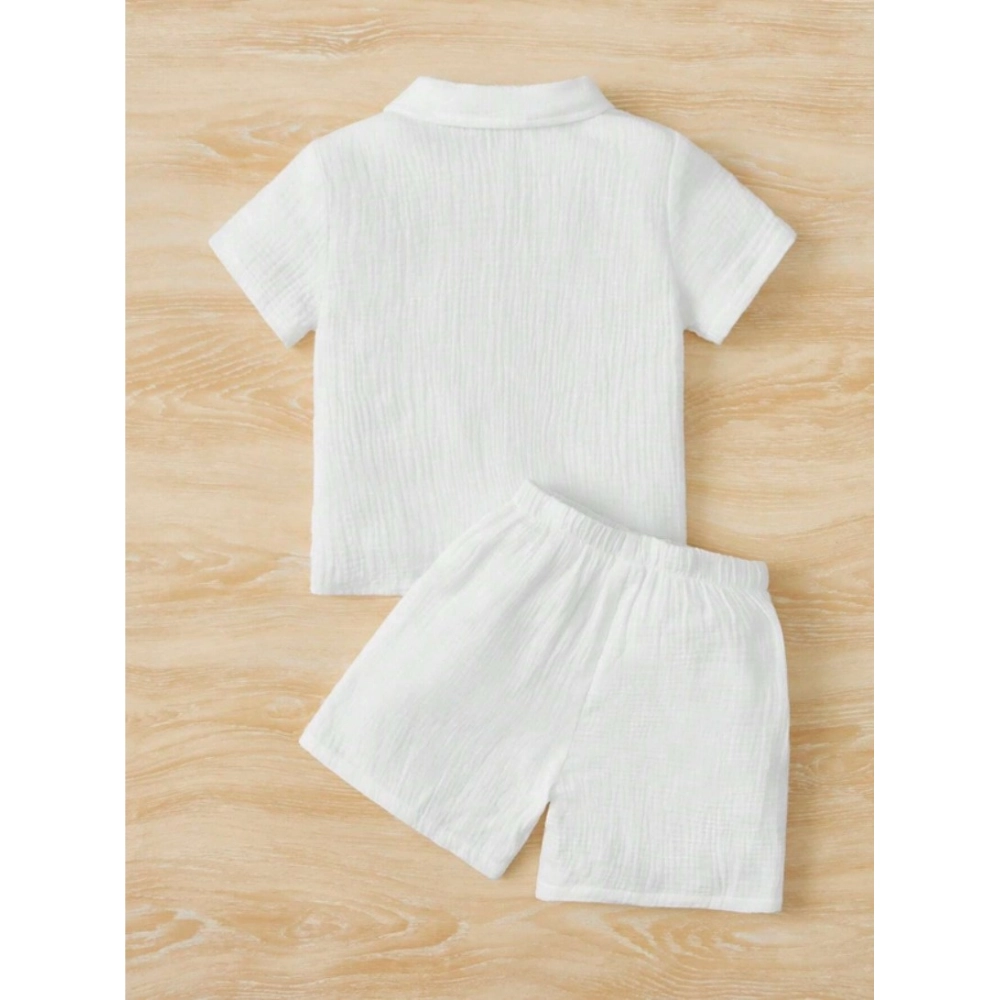 Boy's Popcorn Solid Short Sleeve Shirt And Shorts Set (White) - Image 5