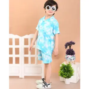 Boy's Twill Cotton Printed Short Sleeve Shirt And Shorts Set (Sky Blue)