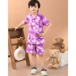 Boy's Twill Cotton Printed Short Sleeve Shirt And Shorts Set (Pink)