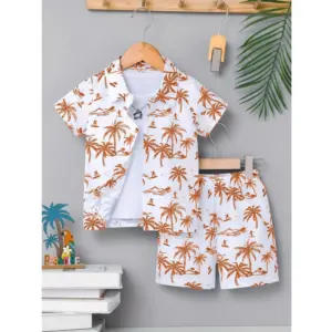 Boy's Twill Cotton Printed Short Sleeve Shirt And Shorts Set (Brown)