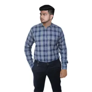 Men's Cotton Lycra Full Sleeve Checked Casual Shirt (Navy Blue)