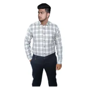 Men's Cotton Lycra Full Sleeve Checked Casual Shirt (White)