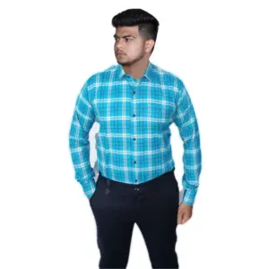 Men's Cotton Lycra Full Sleeve Checked Casual Shirt (Sky Blue)