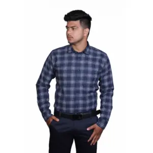Men's Cotton Lycra Full Sleeve Checked Casual Shirt (Navy Blue)