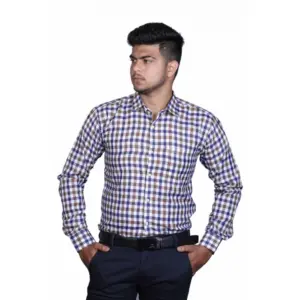 Men's Cotton Lycra Full Sleeve Checked Casual Shirt (Brown Blue)