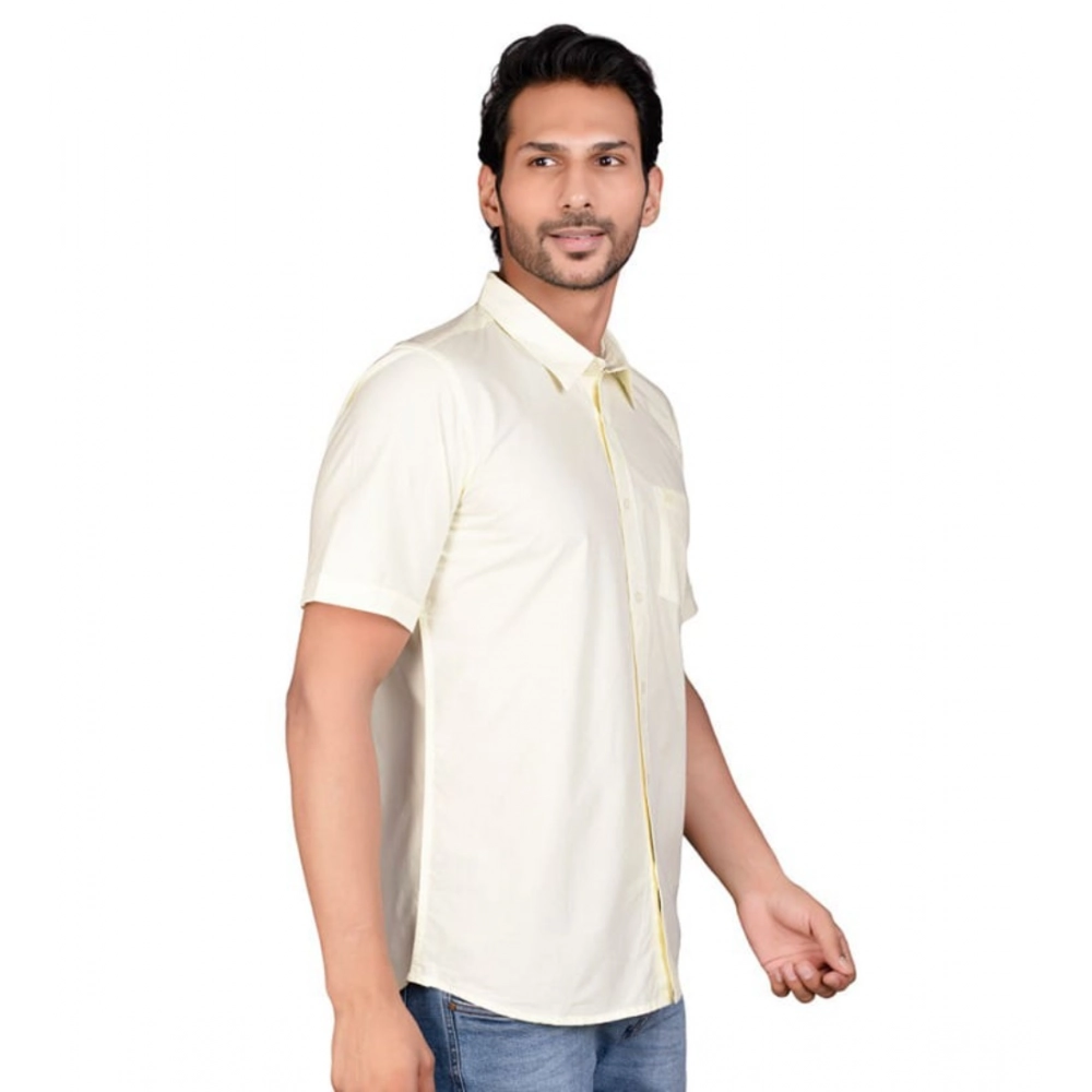 Men's Casual Cotton Half Sleeve Solid Shirt (Lemon) - Image 3