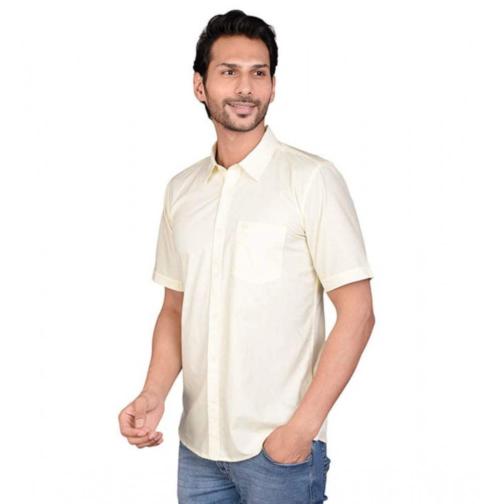 Men's Casual Cotton Half Sleeve Solid Shirt (Lemon) - Image 4
