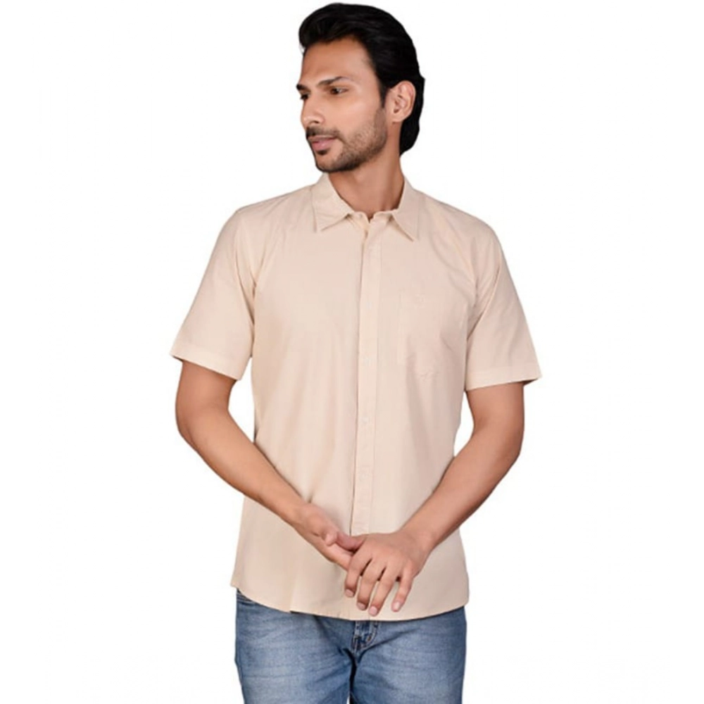 Men's Casual Cotton Half Sleeve Solid Shirt (Beige) - Image 4