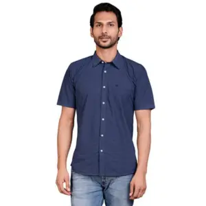 Men's Casual Cotton Half Sleeve Solid Shirt (Navy)