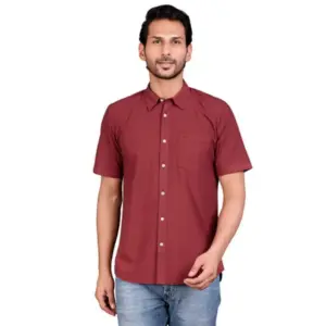 Men's Casual Cotton Half Sleeve Solid Shirt (Maroon)