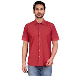 Men's Casual Cotton Half Sleeve Solid Shirt (Red)