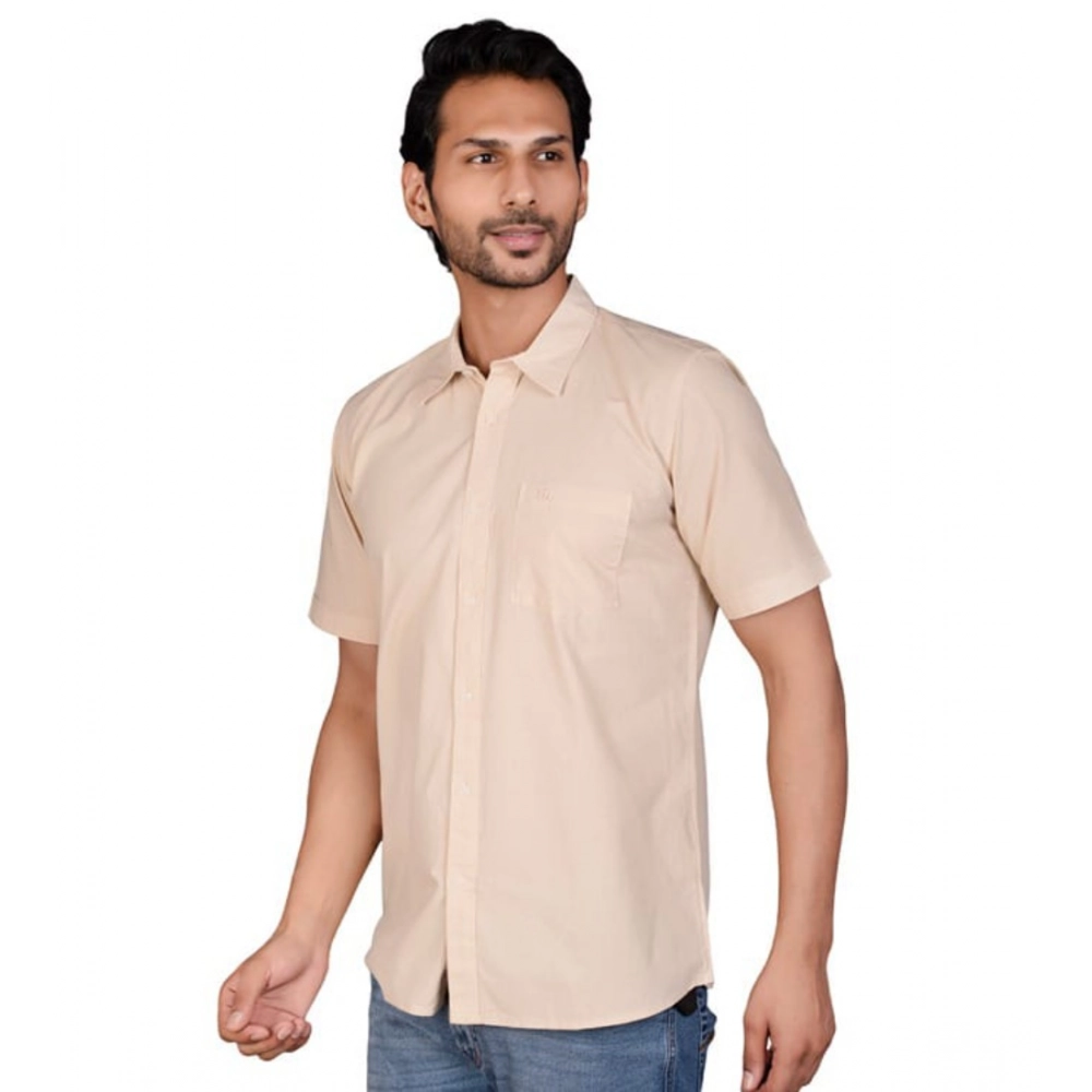 Men's Casual Cotton Half Sleeve Solid Shirt (Beige) - Image 3